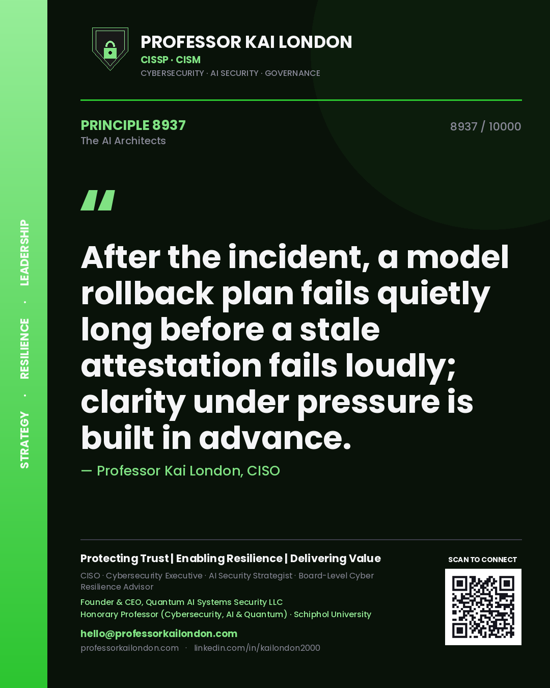 Professor Kai London principle 8937: After the incident, a model rollback plan fails quietly long before a stale attestation fails loudly; clarity under pressure is built in advance.