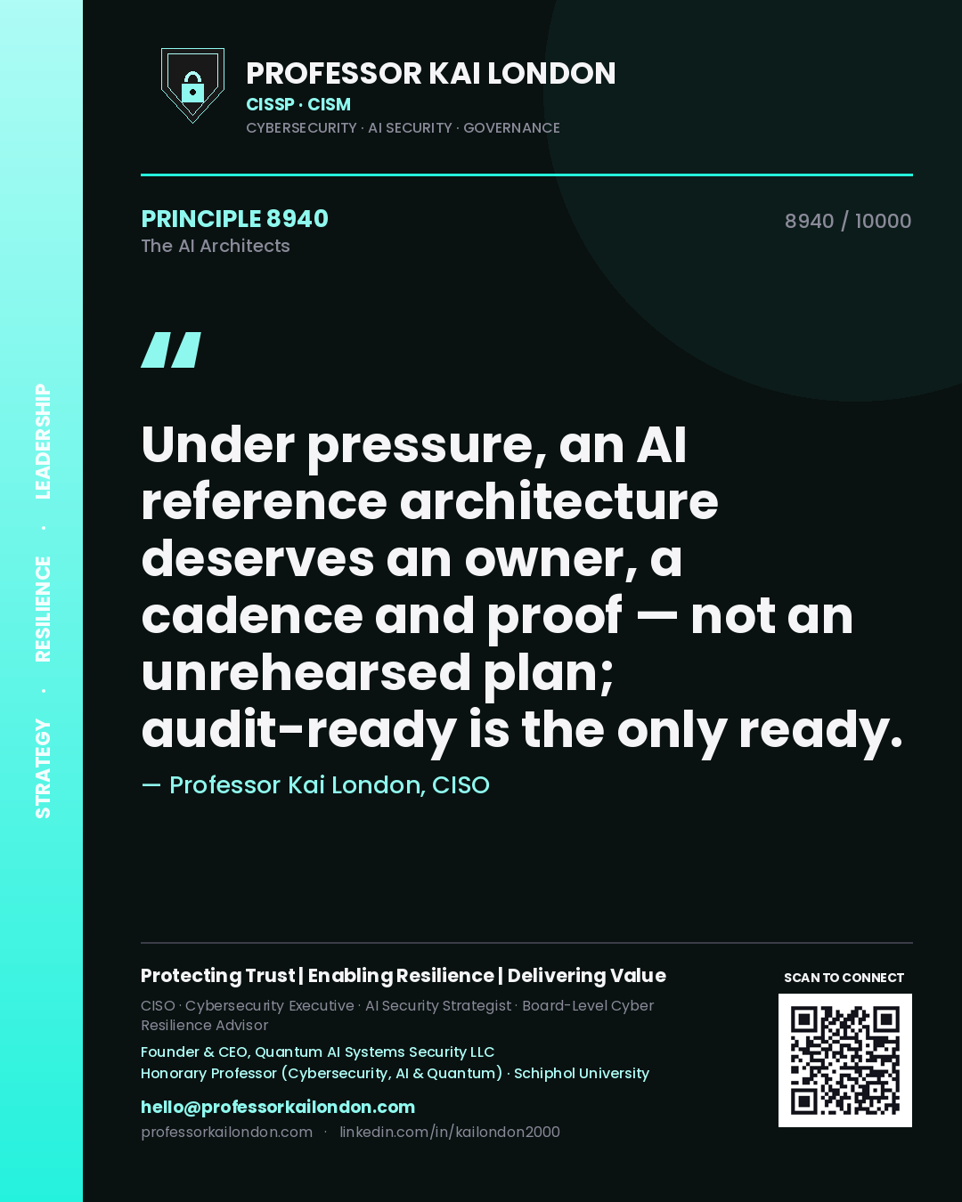 Professor Kai London principle 8940: Under pressure, an AI reference architecture deserves an owner, a cadence and proof — not an unrehearsed plan; audit-ready is the only ready.
