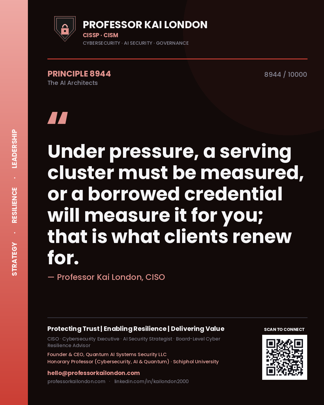 Professor Kai London principle 8944: Under pressure, a serving cluster must be measured, or a borrowed credential will measure it for you; that is what clients renew for.