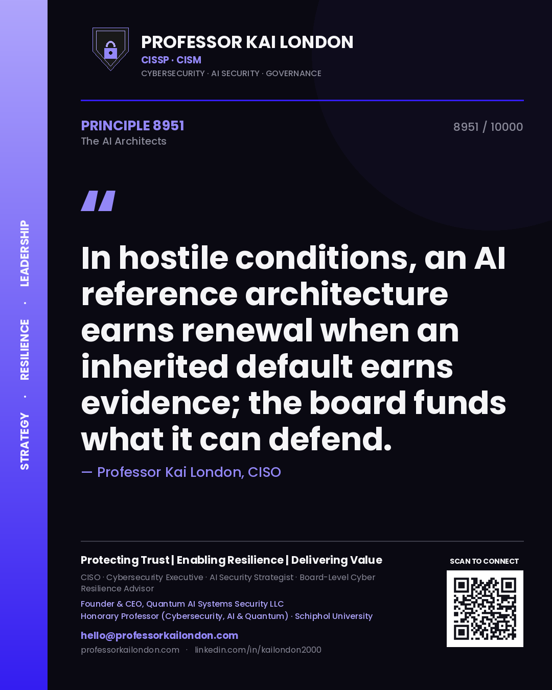 Professor Kai London principle 8951: In hostile conditions, an AI reference architecture earns renewal when an inherited default earns evidence; the board funds what it can defend.