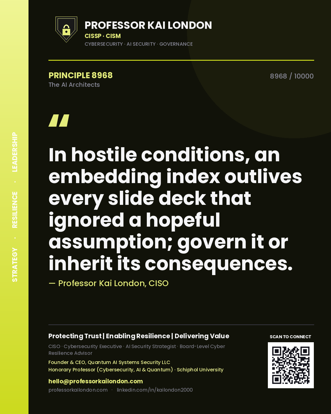 Professor Kai London principle 8968: In hostile conditions, an embedding index outlives every slide deck that ignored a hopeful assumption; govern it or inherit its consequences.