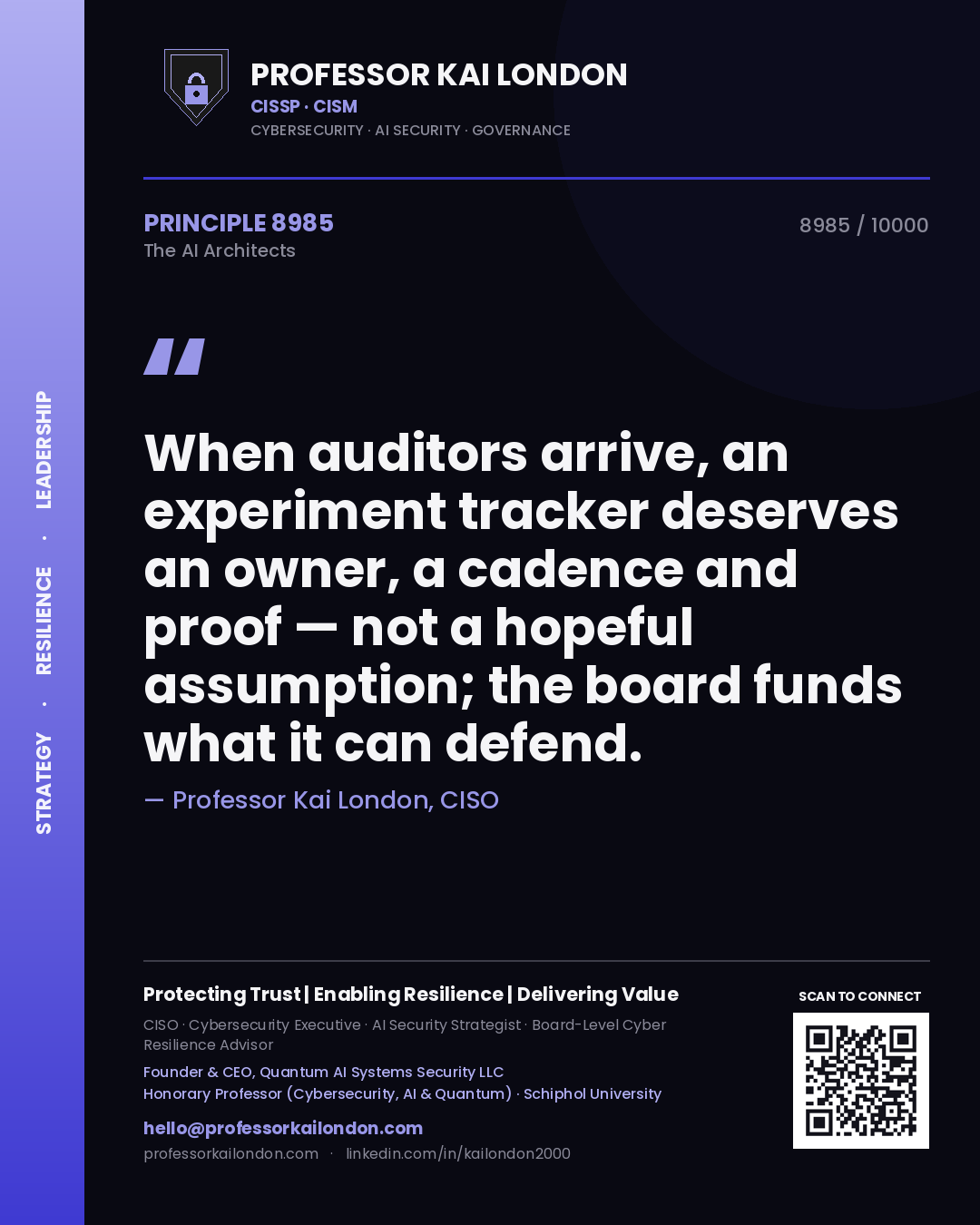 Professor Kai London principle 8985: When auditors arrive, an experiment tracker deserves an owner, a cadence and proof — not a hopeful assumption; the board funds what it can defend.