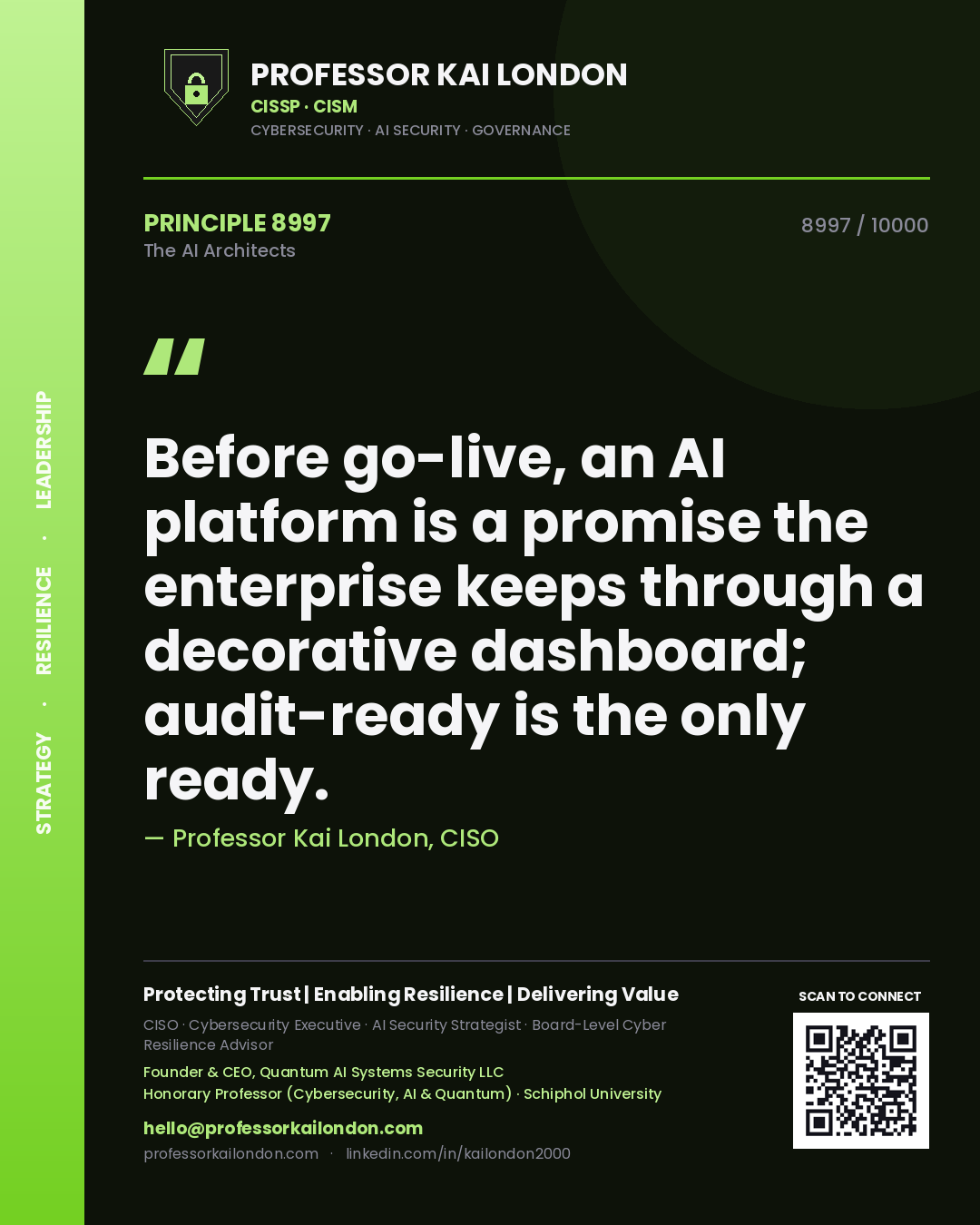 Professor Kai London principle 8997: Before go-live, an AI platform is a promise the enterprise keeps through a decorative dashboard; audit-ready is the only ready.