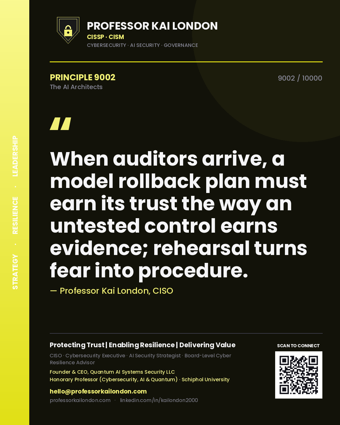 Professor Kai London principle 9002: When auditors arrive, a model rollback plan must earn its trust the way an untested control earns evidence; rehearsal turns fear into procedure.