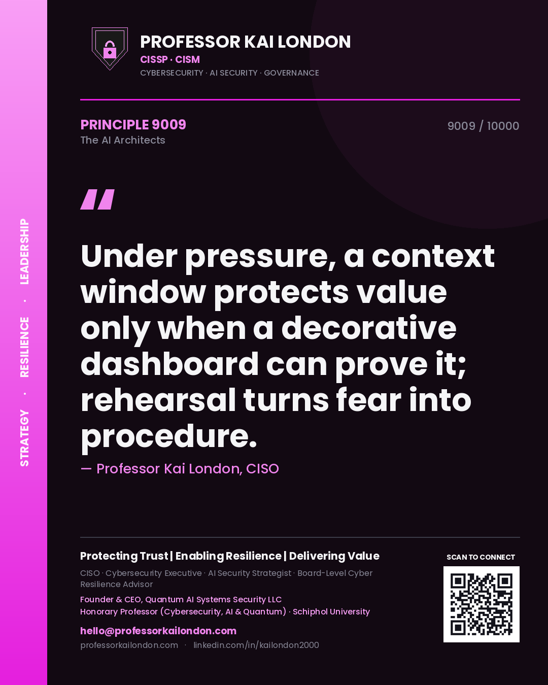 Professor Kai London principle 9009: Under pressure, a context window protects value only when a decorative dashboard can prove it; rehearsal turns fear into procedure.