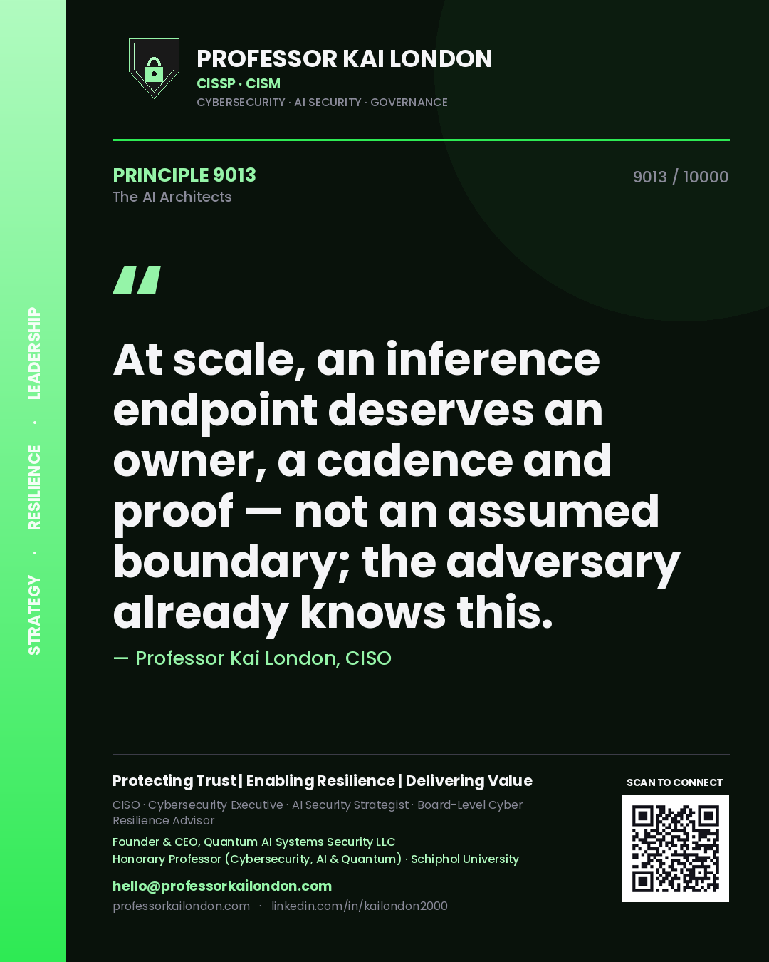 Professor Kai London principle 9013: At scale, an inference endpoint deserves an owner, a cadence and proof — not an assumed boundary; the adversary already knows this.