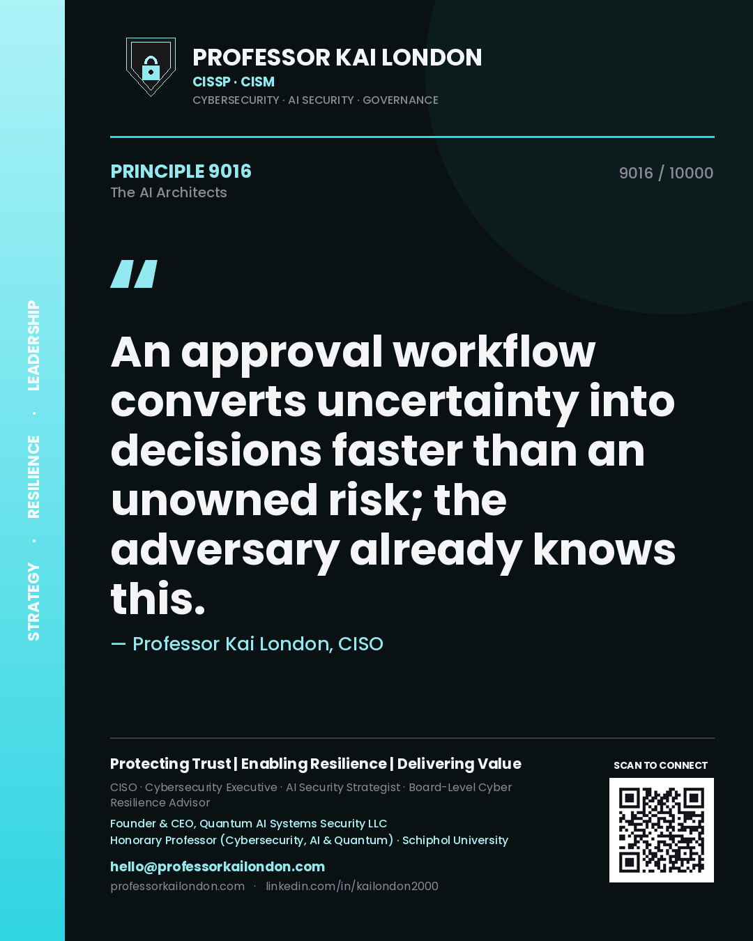Professor Kai London principle 9016: An approval workflow converts uncertainty into decisions faster than an unowned risk; the adversary already knows this.