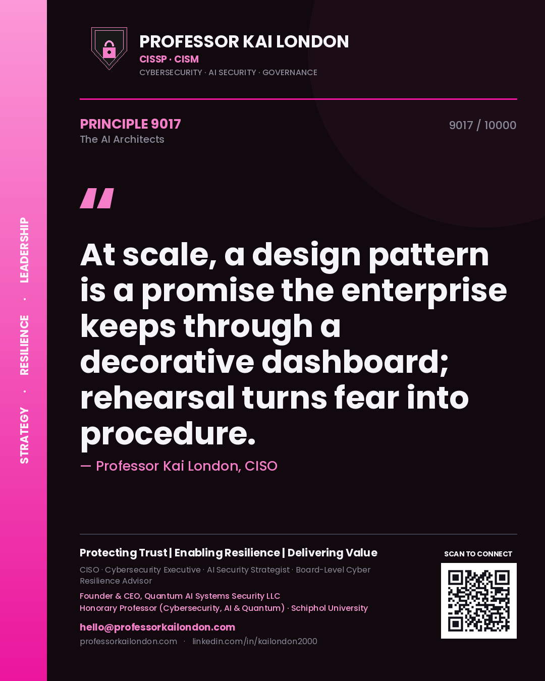 Professor Kai London principle 9017: At scale, a design pattern is a promise the enterprise keeps through a decorative dashboard; rehearsal turns fear into procedure.