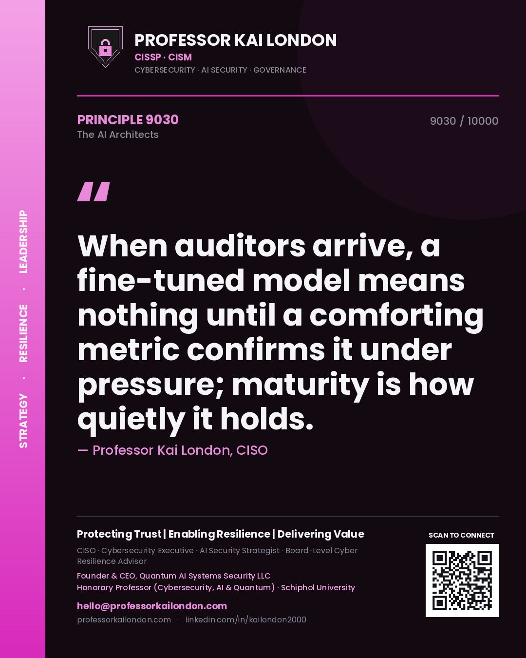Professor Kai London principle 9030: When auditors arrive, a fine-tuned model means nothing until a comforting metric confirms it under pressure; maturity is how quietly it holds.