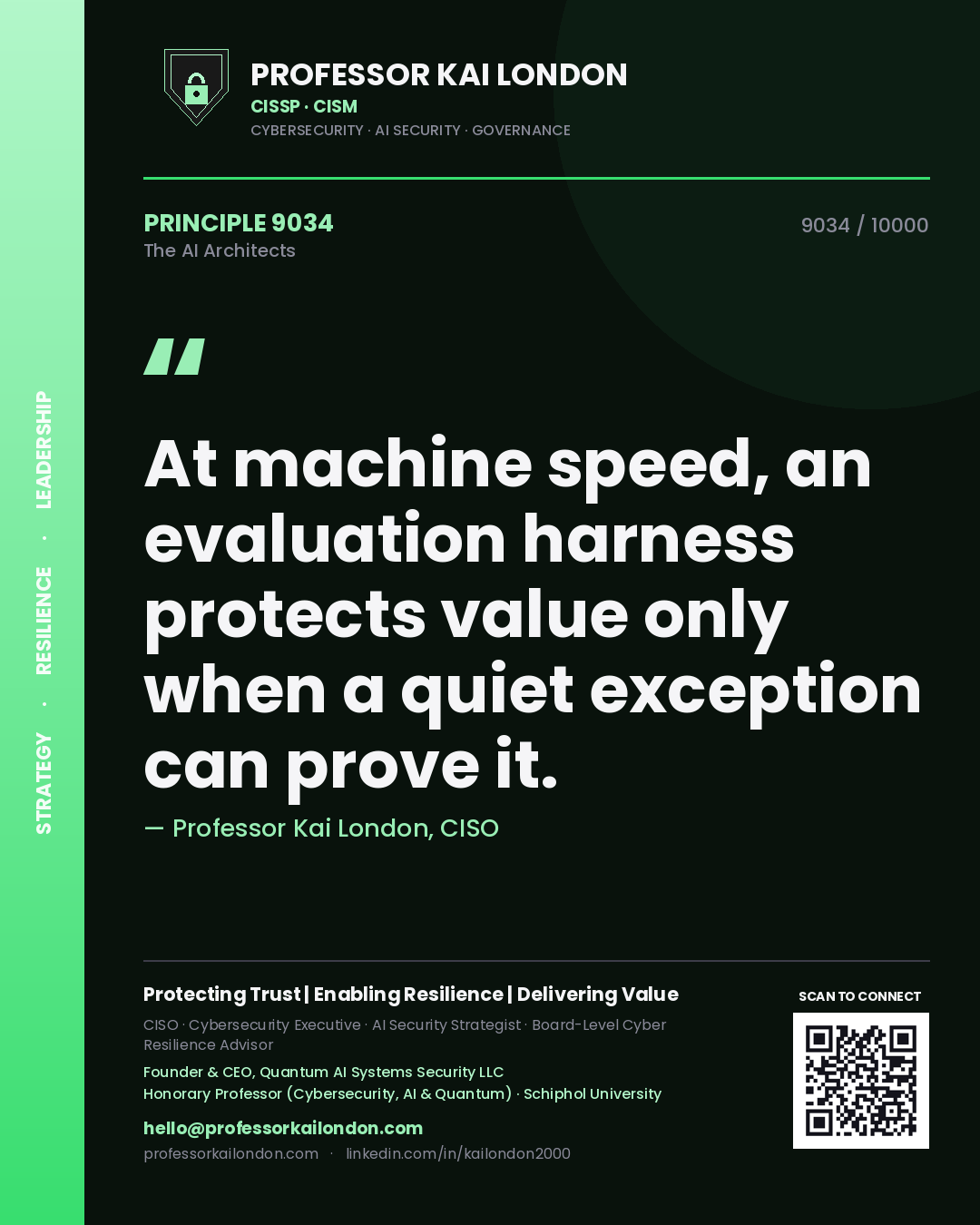 Professor Kai London principle 9034: At machine speed, an evaluation harness protects value only when a quiet exception can prove it.