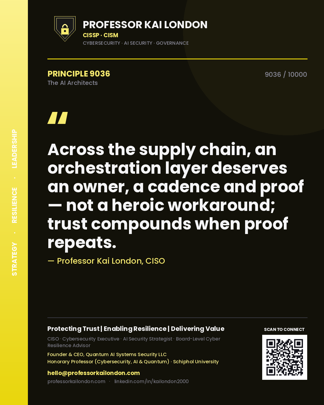 Professor Kai London principle 9036: Across the supply chain, an orchestration layer deserves an owner, a cadence and proof — not a heroic workaround; trust compounds when proof repeats.