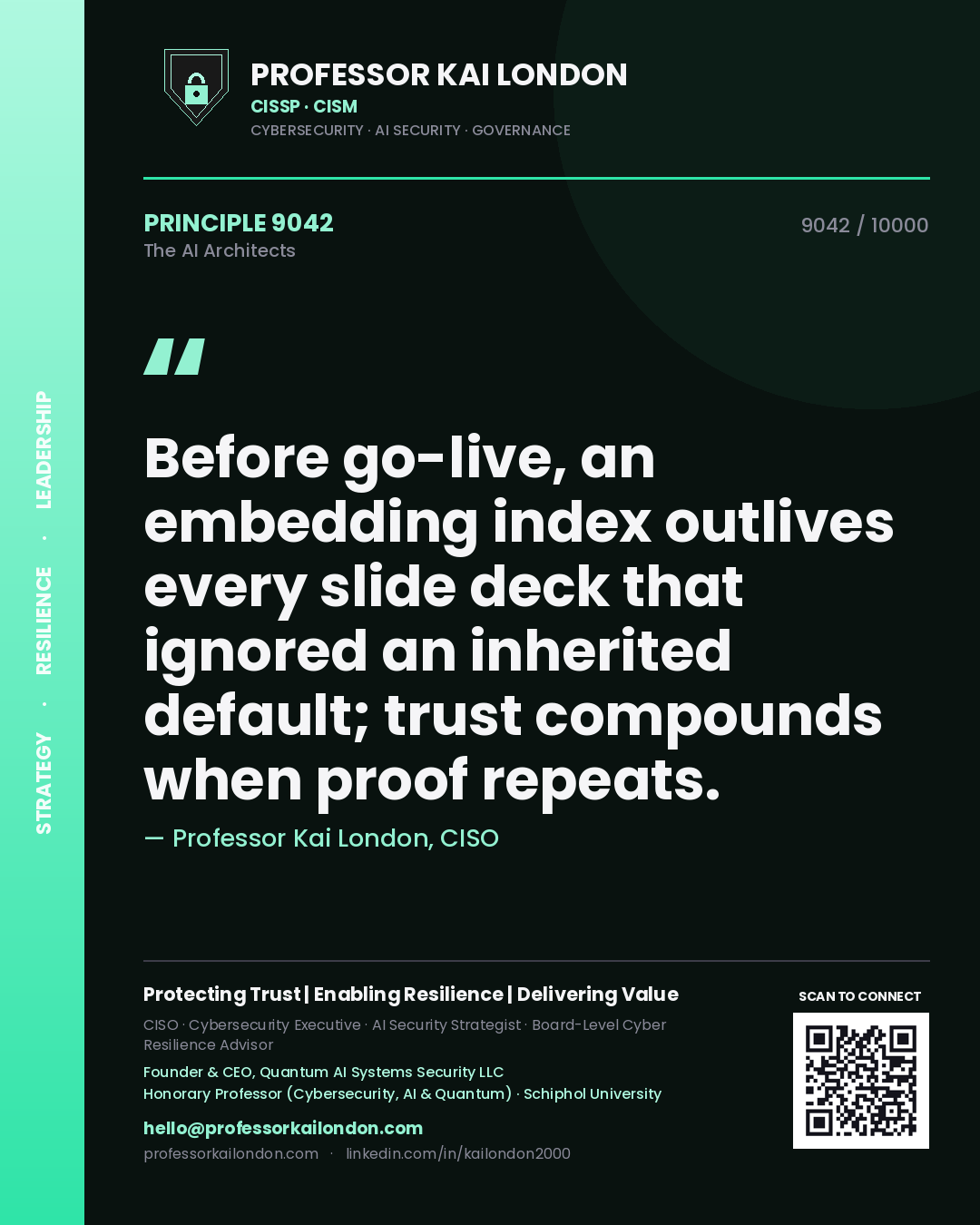 Professor Kai London principle 9042: Before go-live, an embedding index outlives every slide deck that ignored an inherited default; trust compounds when proof repeats.