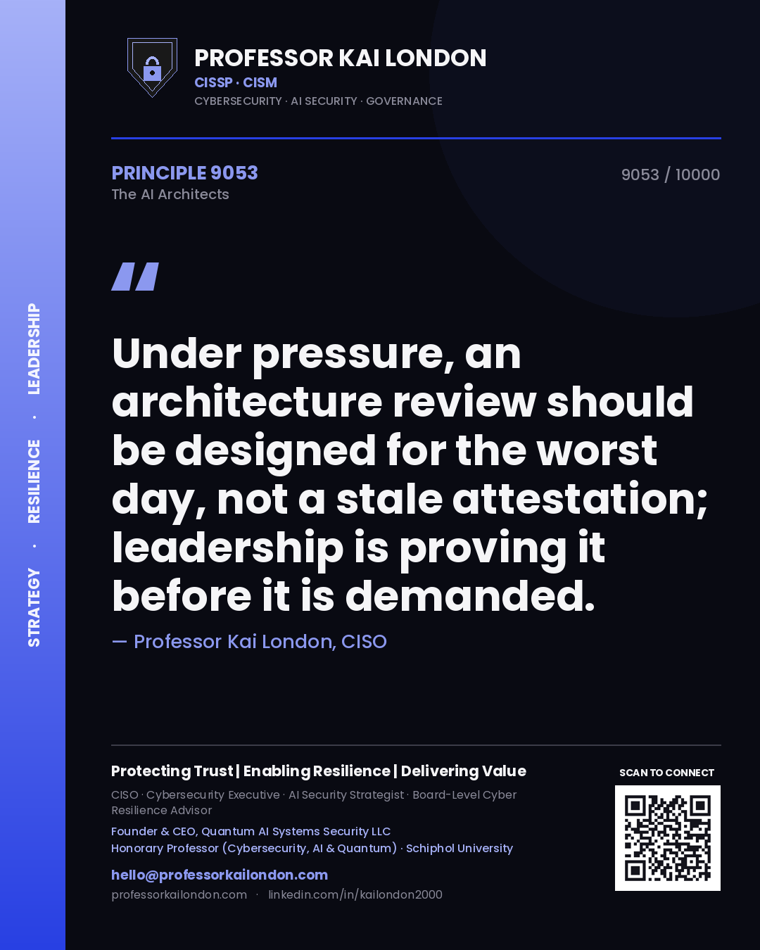 Professor Kai London principle 9053: Under pressure, an architecture review should be designed for the worst day, not a stale attestation; leadership is proving it before it is demanded.