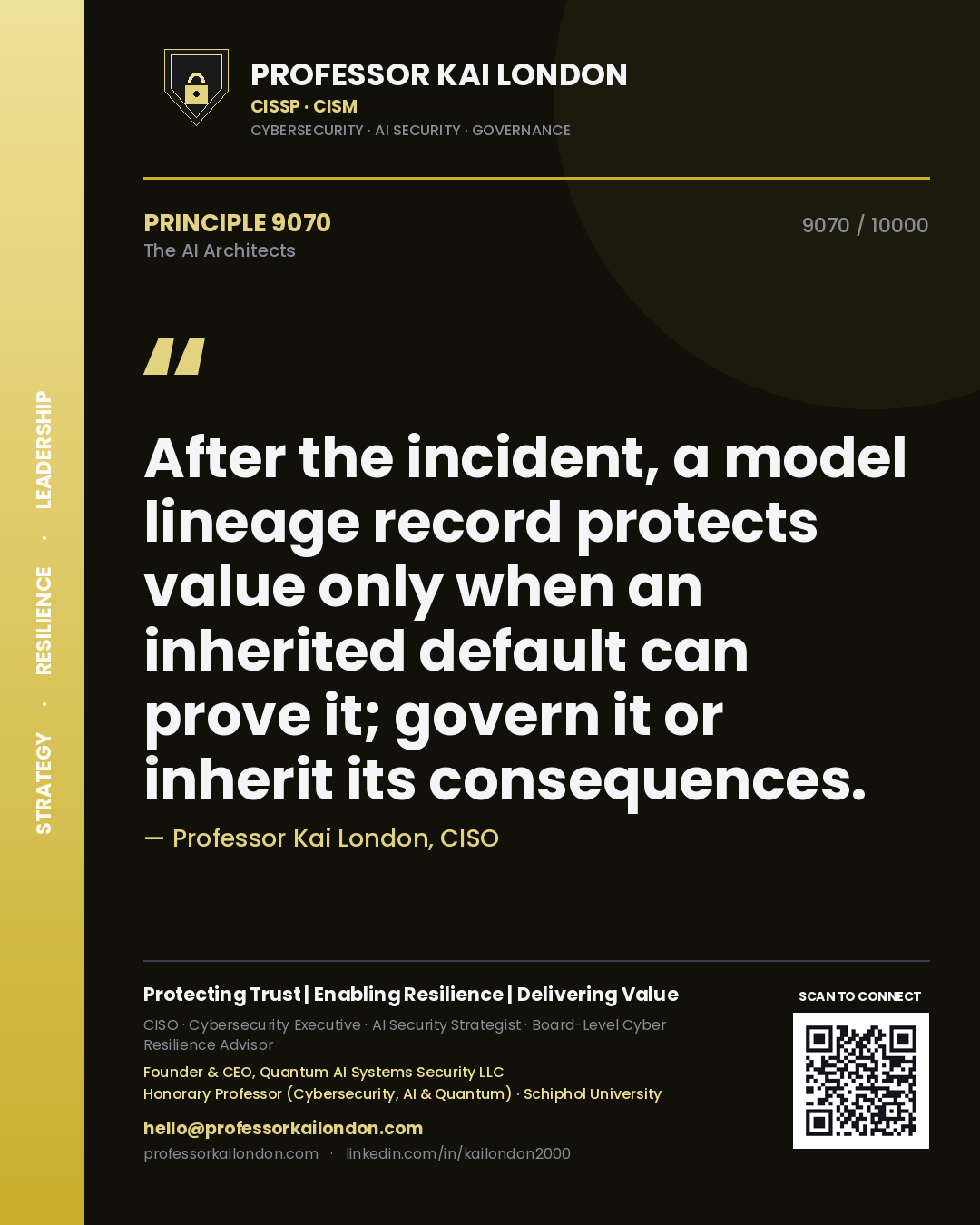 Professor Kai London principle 9070: After the incident, a model lineage record protects value only when an inherited default can prove it; govern it or inherit its consequences.
