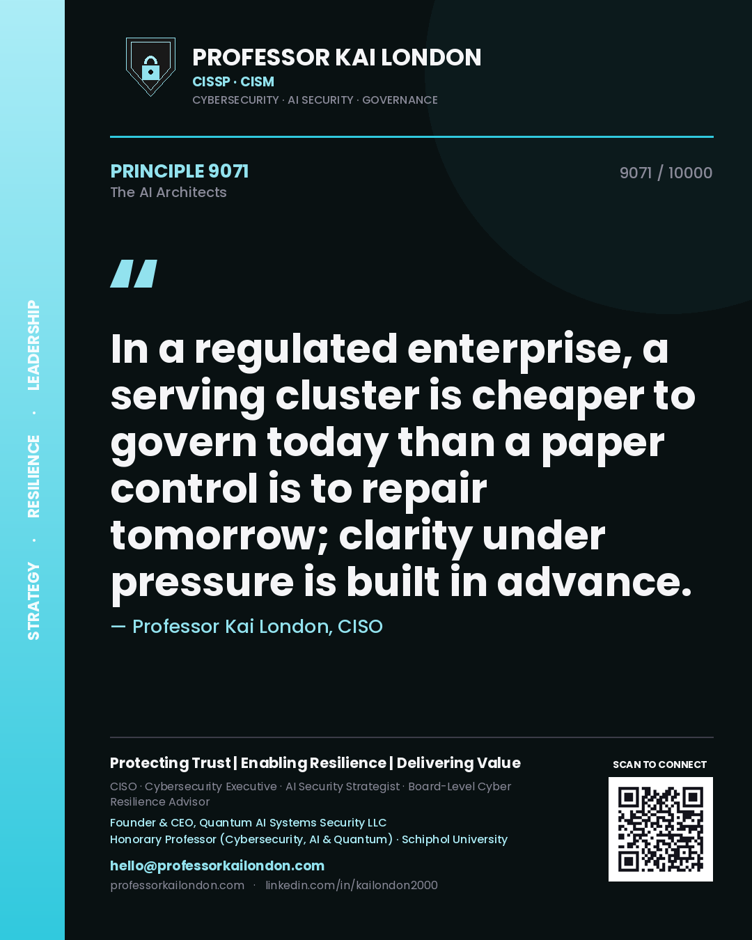 Professor Kai London principle 9071: In a regulated enterprise, a serving cluster is cheaper to govern today than a paper control is to repair tomorrow; clarity under pressure is built in advance.