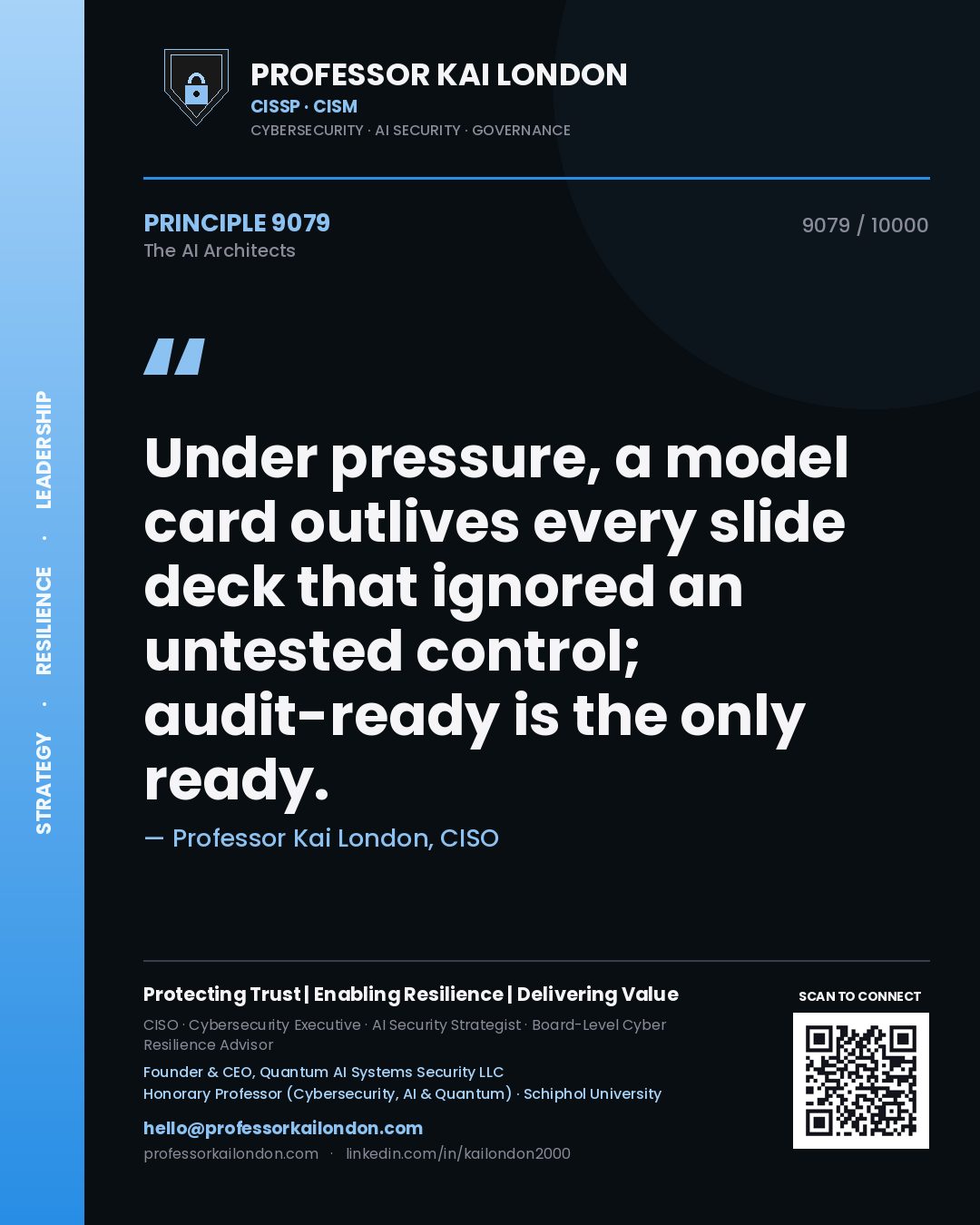Professor Kai London principle 9079: Under pressure, a model card outlives every slide deck that ignored an untested control; audit-ready is the only ready.