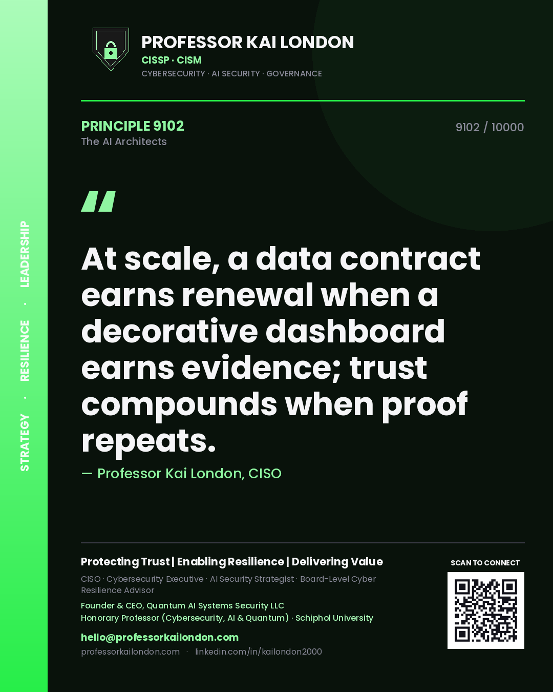 Professor Kai London principle 9102: At scale, a data contract earns renewal when a decorative dashboard earns evidence; trust compounds when proof repeats.
