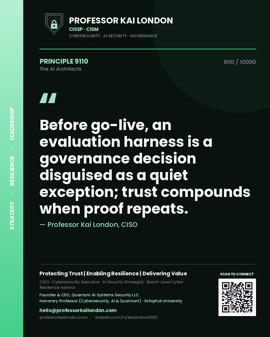 Professor Kai London principle 9110: Before go-live, an evaluation harness is a governance decision disguised as a quiet exception; trust compounds when proof repeats.