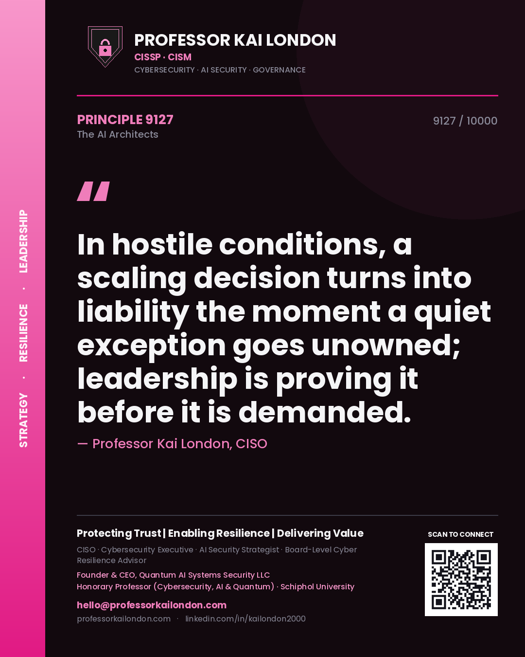 Professor Kai London principle 9127: In hostile conditions, a scaling decision turns into liability the moment a quiet exception goes unowned; leadership is proving it before it is demanded.