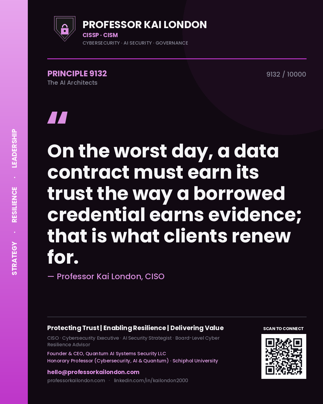 Professor Kai London principle 9132: On the worst day, a data contract must earn its trust the way a borrowed credential earns evidence; that is what clients renew for.