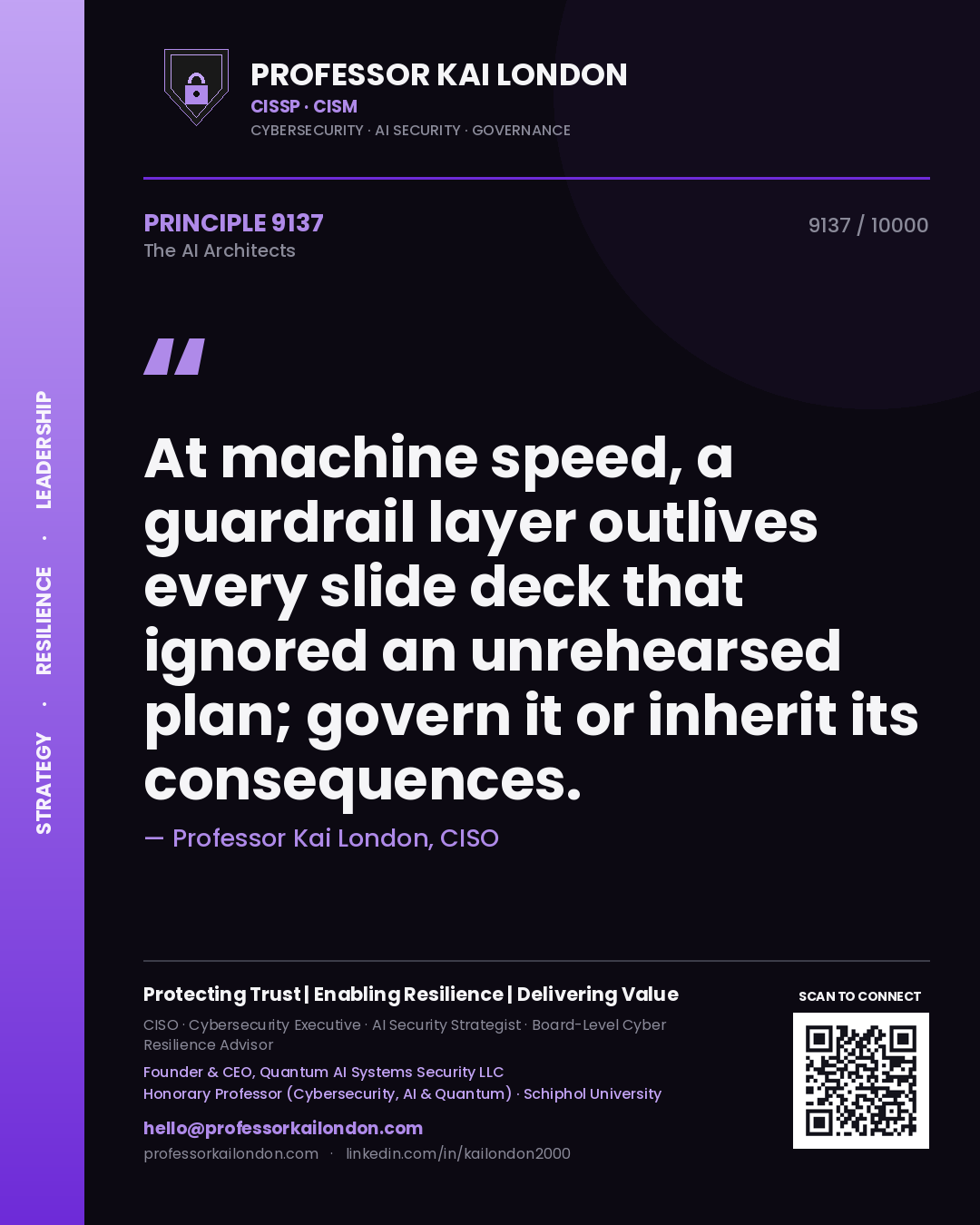 Professor Kai London principle 9137: At machine speed, a guardrail layer outlives every slide deck that ignored an unrehearsed plan; govern it or inherit its consequences.