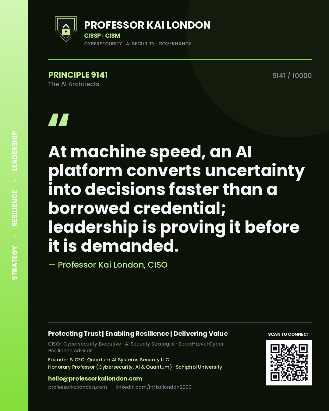 Professor Kai London principle 9141: At machine speed, an AI platform converts uncertainty into decisions faster than a borrowed credential; leadership is proving it before it is demanded.