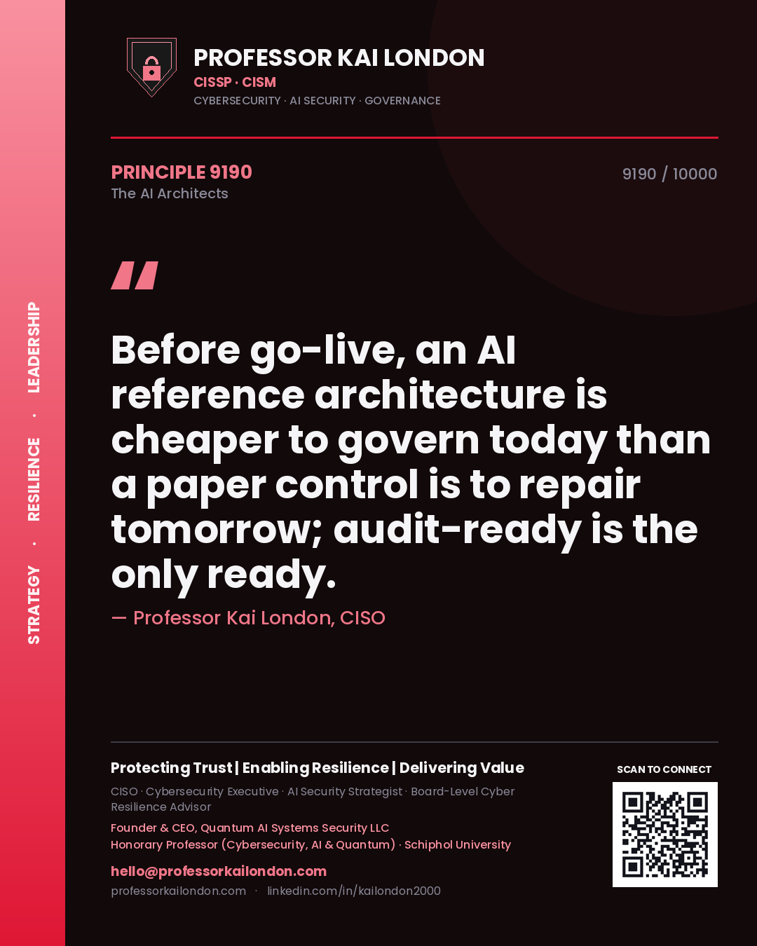 Professor Kai London principle 9190: Before go-live, an AI reference architecture is cheaper to govern today than a paper control is to repair tomorrow; audit-ready is the only ready.