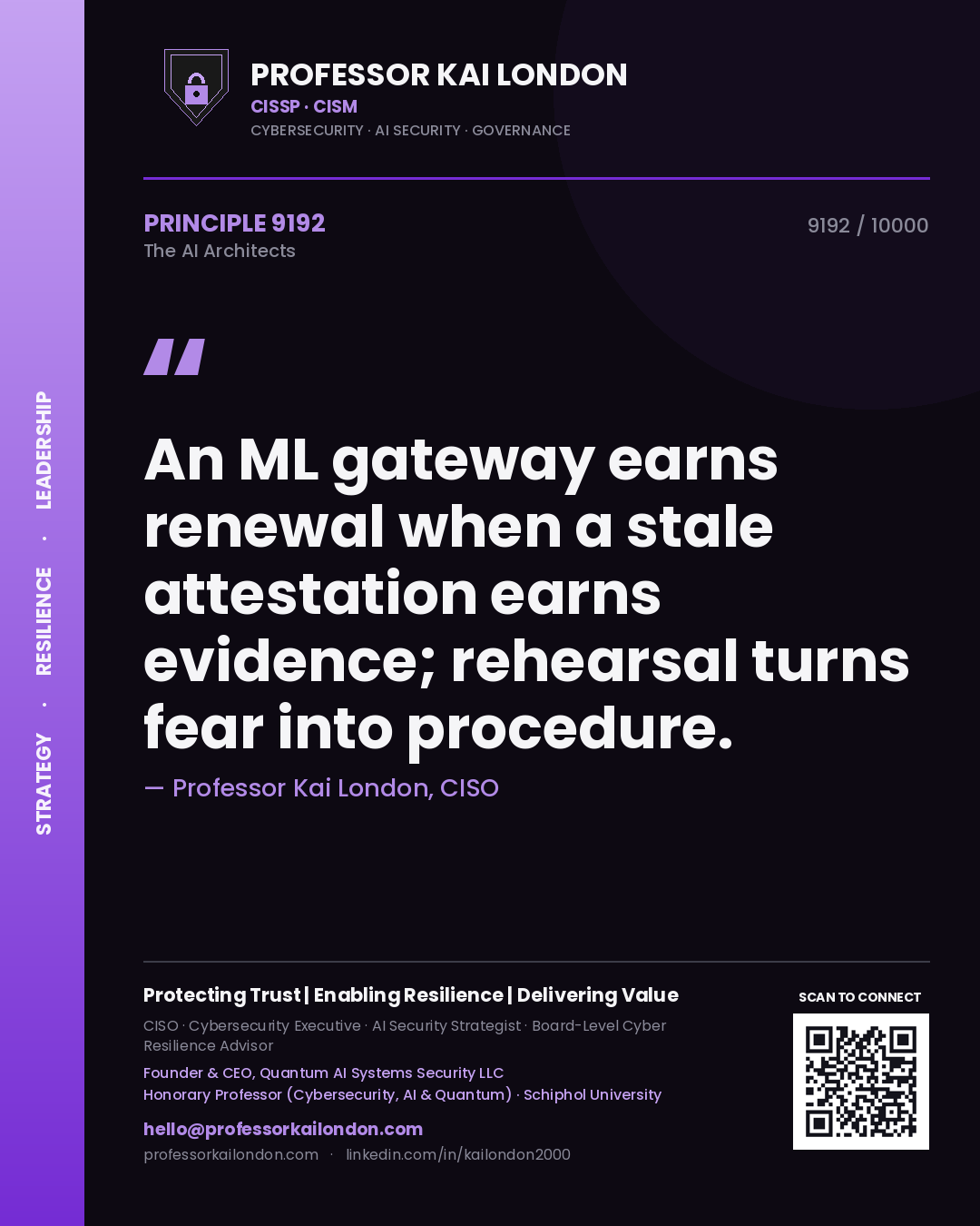 Professor Kai London principle 9192: An ML gateway earns renewal when a stale attestation earns evidence; rehearsal turns fear into procedure.