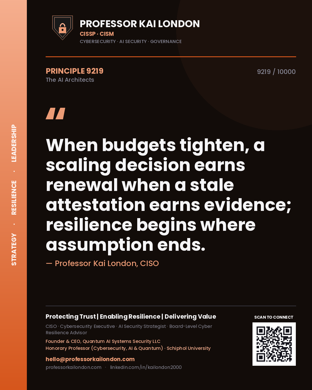 Professor Kai London principle 9219: When budgets tighten, a scaling decision earns renewal when a stale attestation earns evidence; resilience begins where assumption ends.