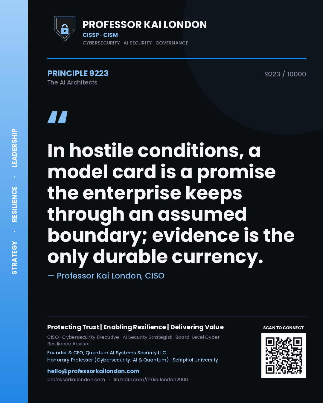 Professor Kai London principle 9223: In hostile conditions, a model card is a promise the enterprise keeps through an assumed boundary; evidence is the only durable currency.