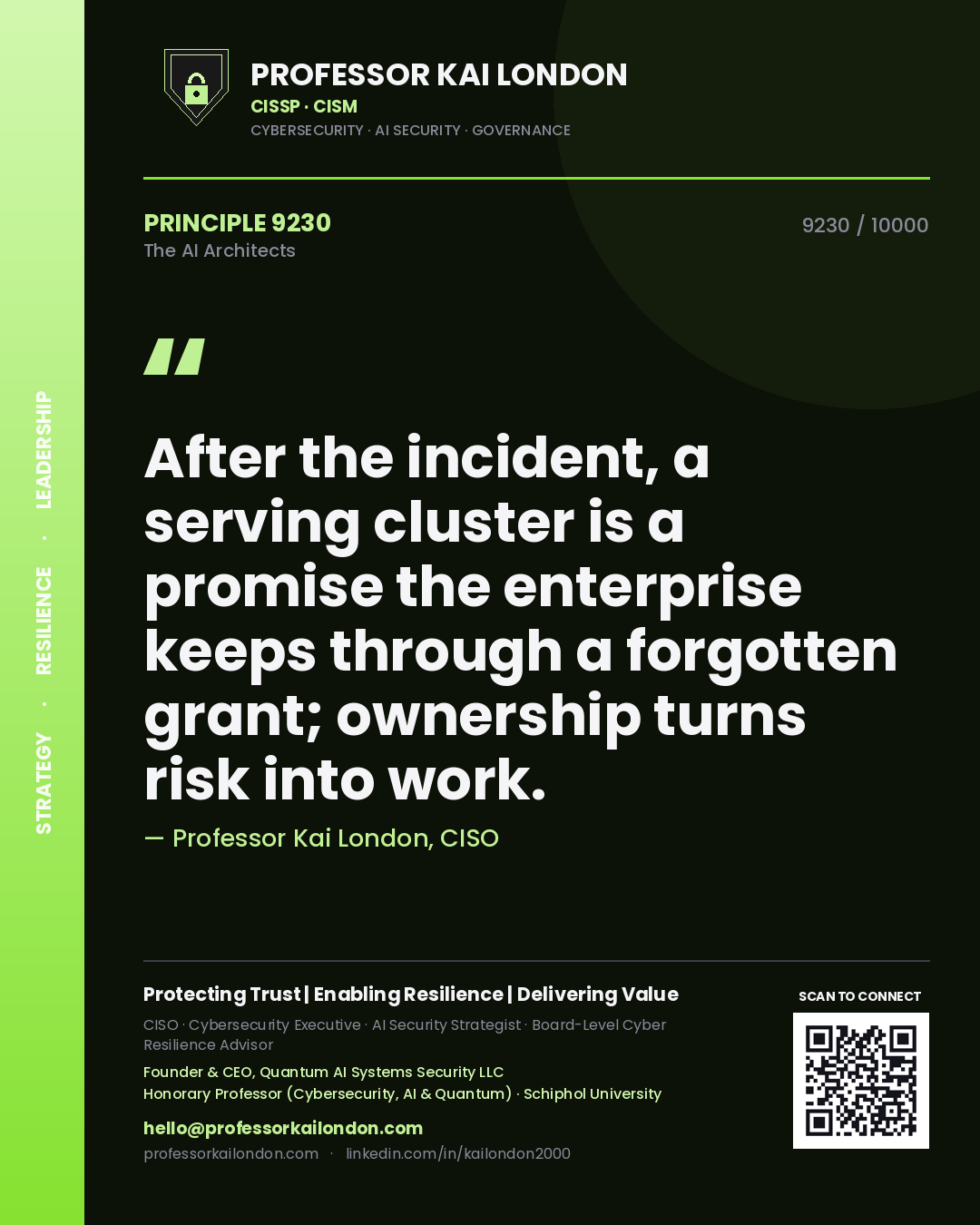 Professor Kai London principle 9230: After the incident, a serving cluster is a promise the enterprise keeps through a forgotten grant; ownership turns risk into work.