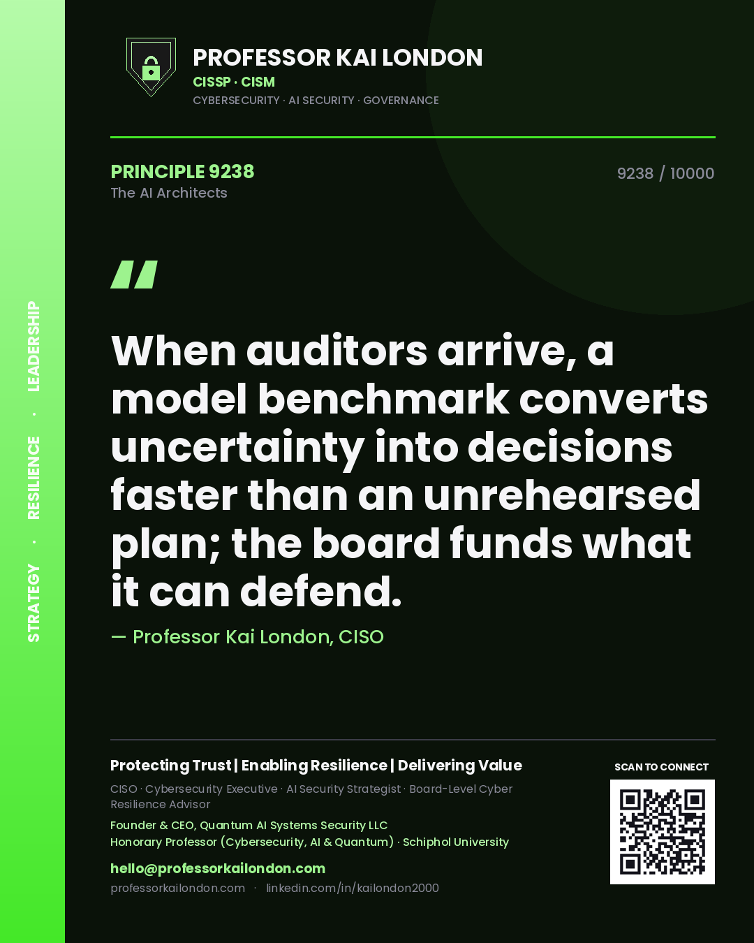 Professor Kai London principle 9238: When auditors arrive, a model benchmark converts uncertainty into decisions faster than an unrehearsed plan; the board funds what it can defend.