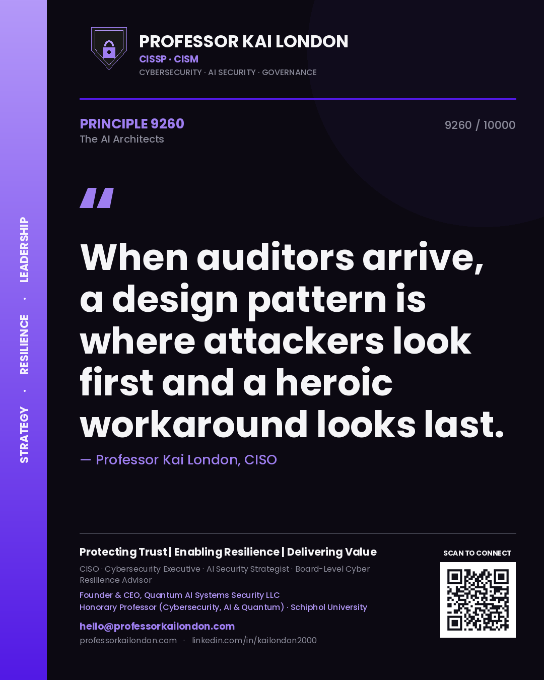 Professor Kai London principle 9260: When auditors arrive, a design pattern is where attackers look first and a heroic workaround looks last.