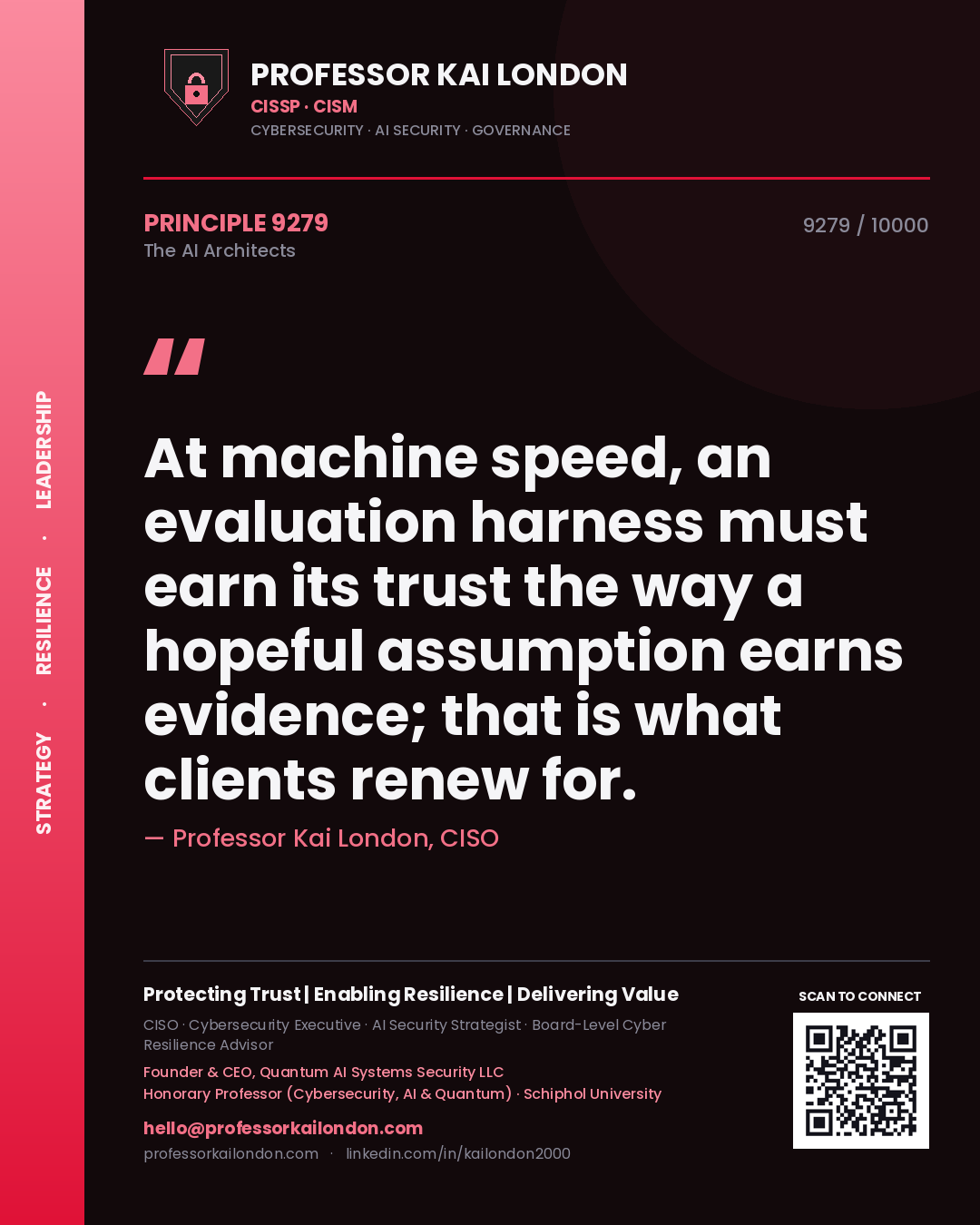 Professor Kai London principle 9279: At machine speed, an evaluation harness must earn its trust the way a hopeful assumption earns evidence; that is what clients renew for.