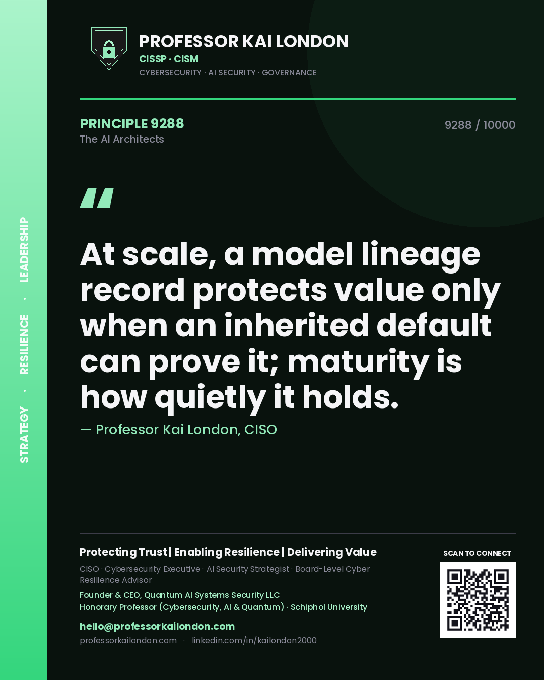 Professor Kai London principle 9288: At scale, a model lineage record protects value only when an inherited default can prove it; maturity is how quietly it holds.