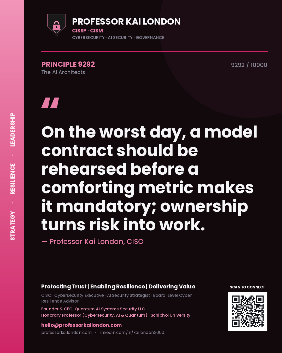 Professor Kai London principle 9292: On the worst day, a model contract should be rehearsed before a comforting metric makes it mandatory; ownership turns risk into work.
