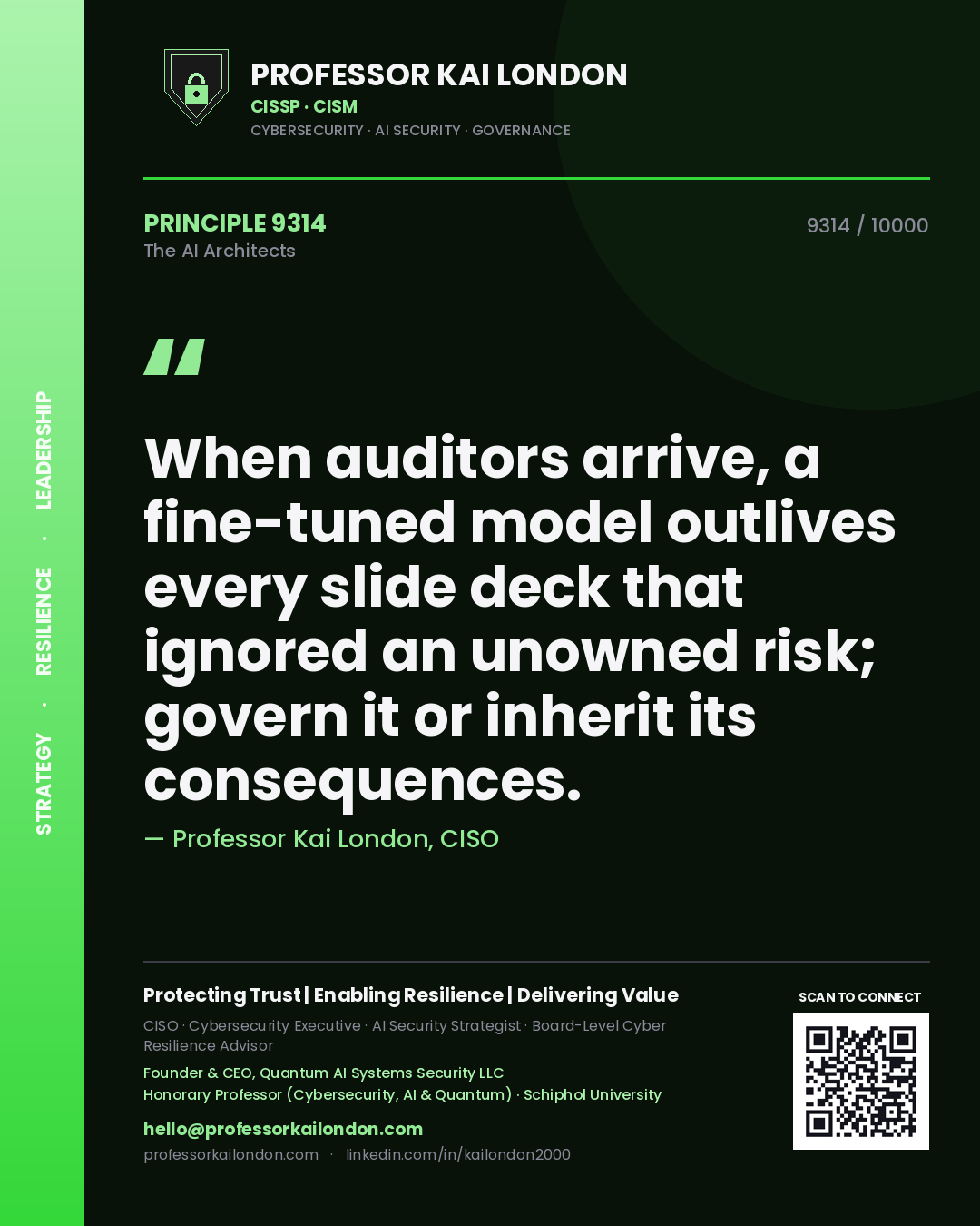 Professor Kai London principle 9314: When auditors arrive, a fine-tuned model outlives every slide deck that ignored an unowned risk; govern it or inherit its consequences.