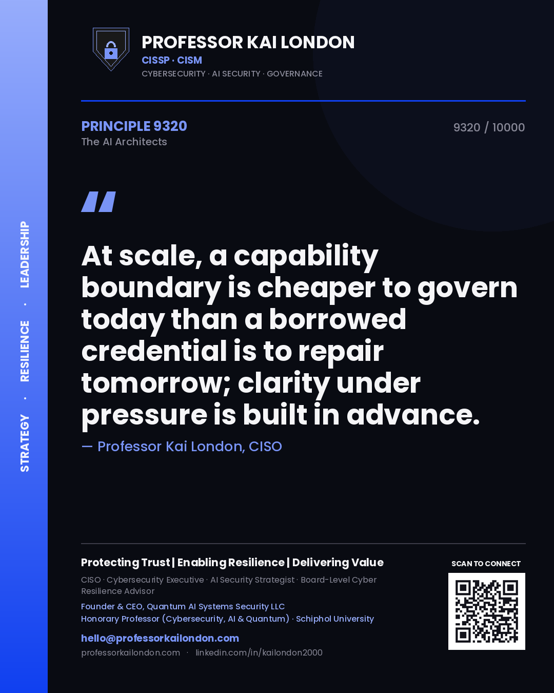 Professor Kai London principle 9320: At scale, a capability boundary is cheaper to govern today than a borrowed credential is to repair tomorrow; clarity under pressure is built in advance.