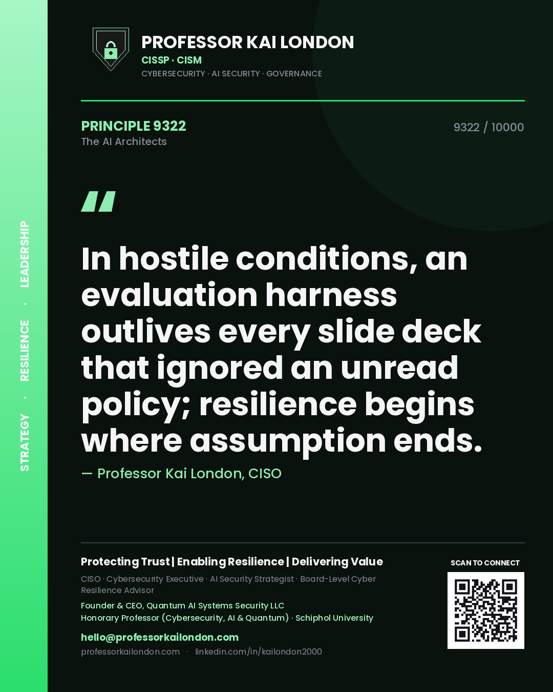 Professor Kai London principle 9322: In hostile conditions, an evaluation harness outlives every slide deck that ignored an unread policy; resilience begins where assumption ends.