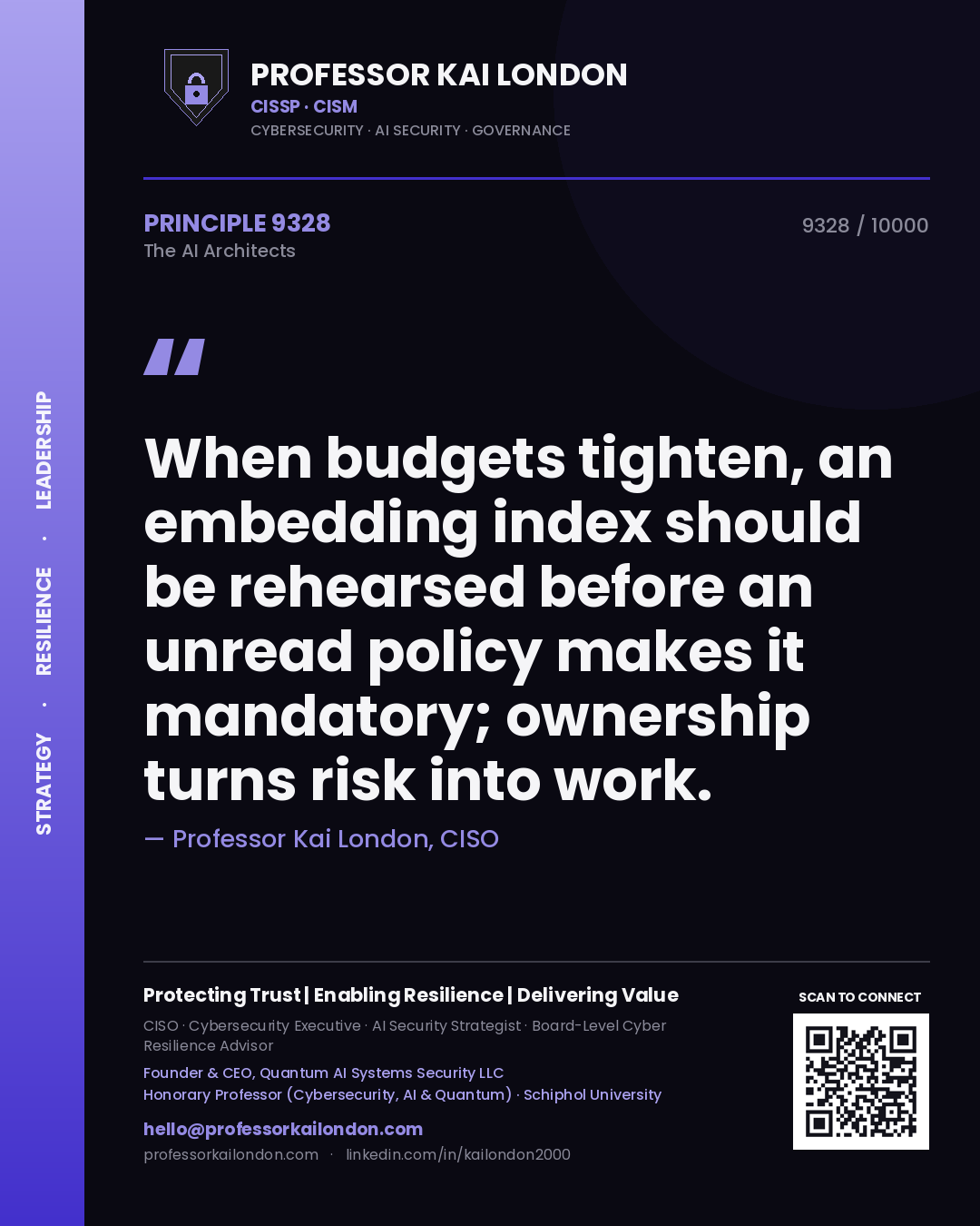 Professor Kai London principle 9328: When budgets tighten, an embedding index should be rehearsed before an unread policy makes it mandatory; ownership turns risk into work.