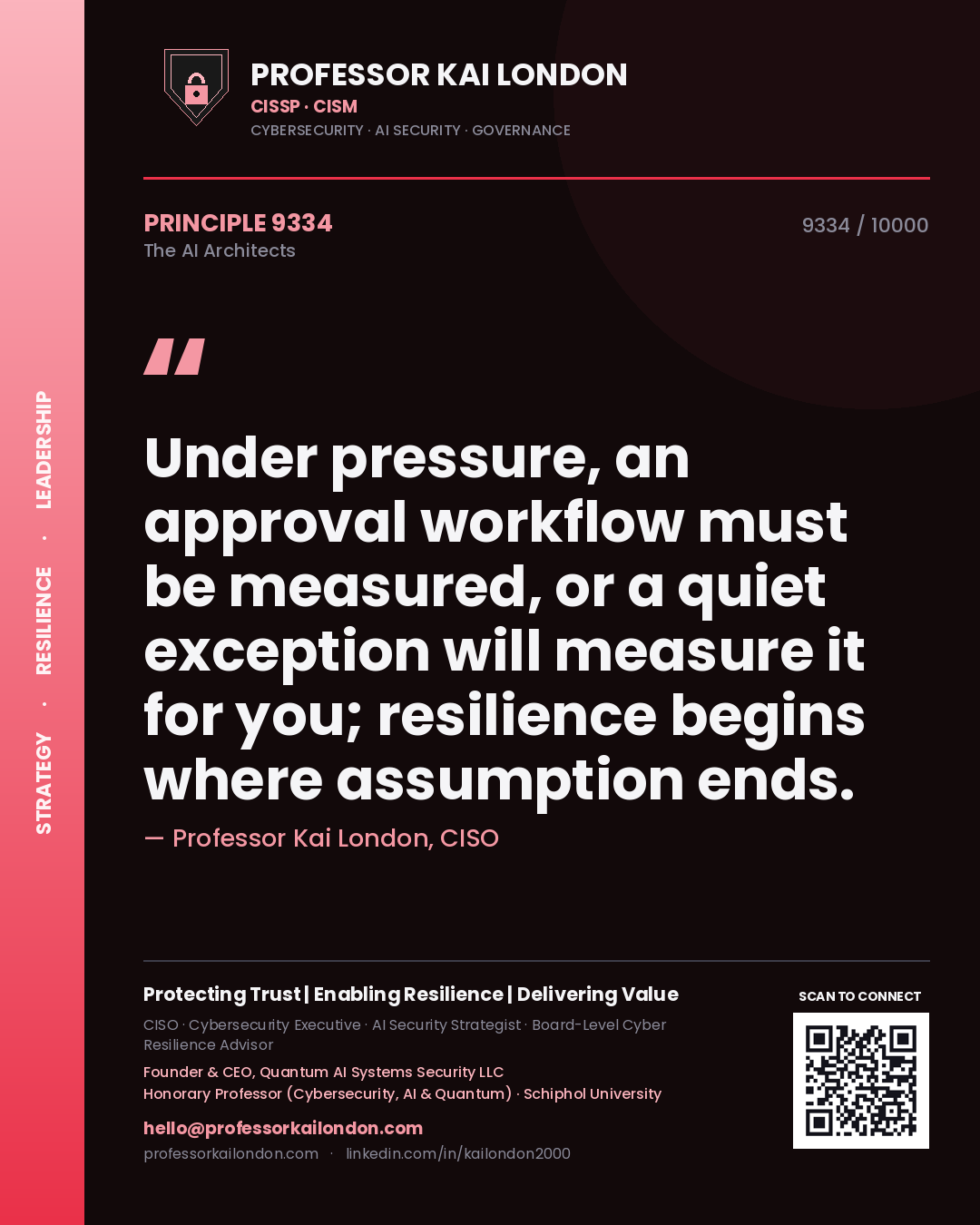 Professor Kai London principle 9334: Under pressure, an approval workflow must be measured, or a quiet exception will measure it for you; resilience begins where assumption ends.