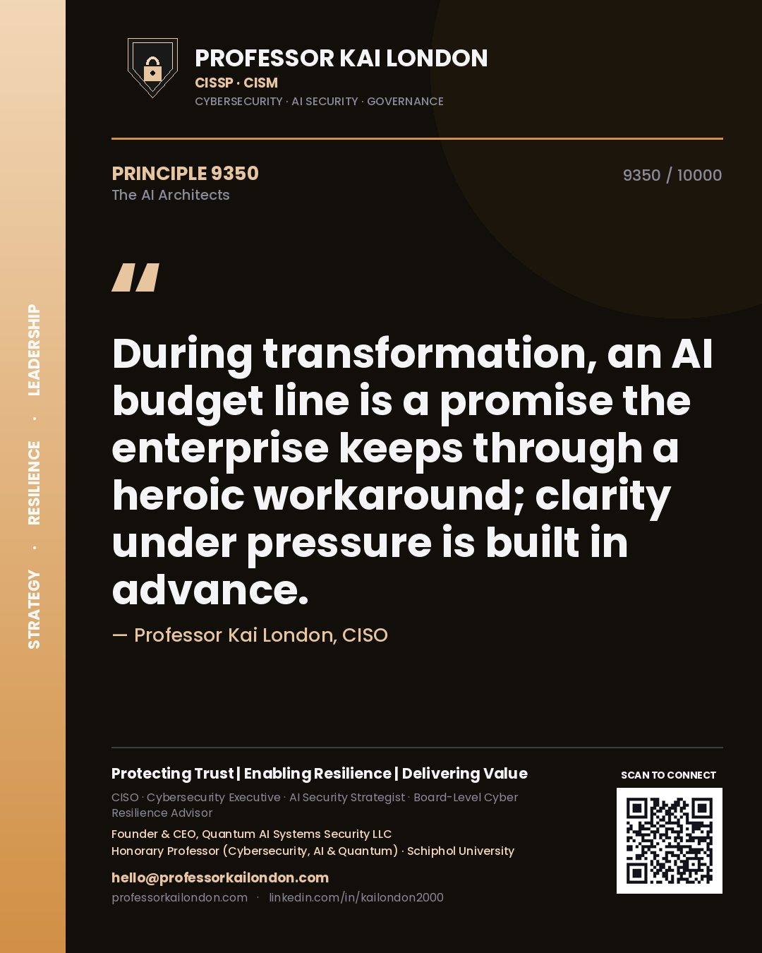 Professor Kai London principle 9350: During transformation, an AI budget line is a promise the enterprise keeps through a heroic workaround; clarity under pressure is built in advance.