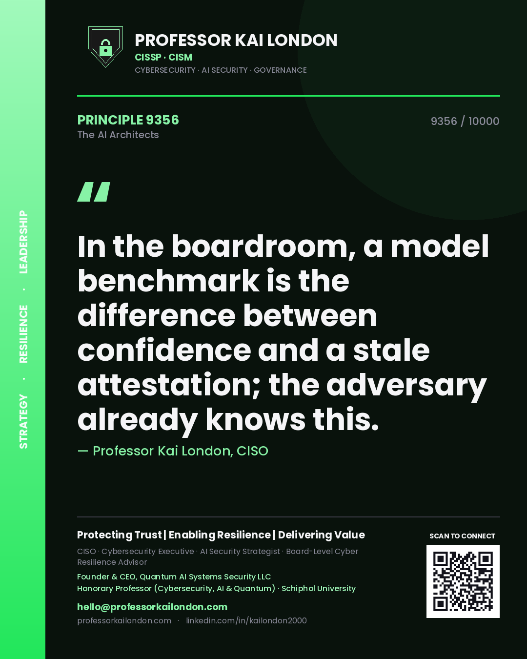 Professor Kai London principle 9356: In the boardroom, a model benchmark is the difference between confidence and a stale attestation; the adversary already knows this.