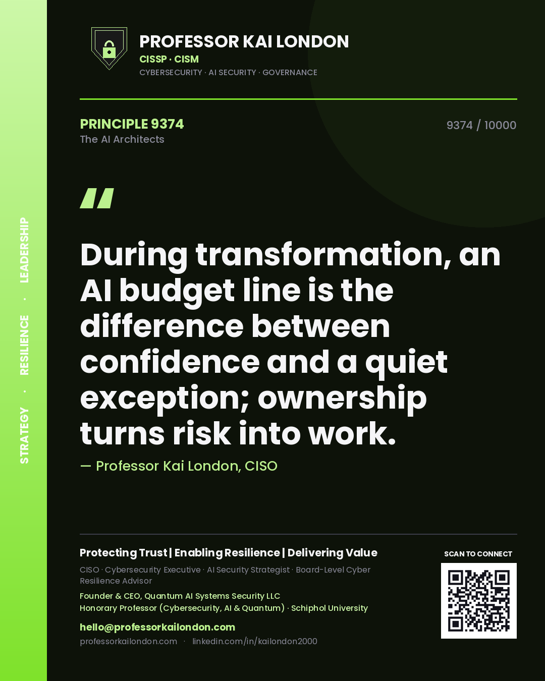 Professor Kai London principle 9374: During transformation, an AI budget line is the difference between confidence and a quiet exception; ownership turns risk into work.