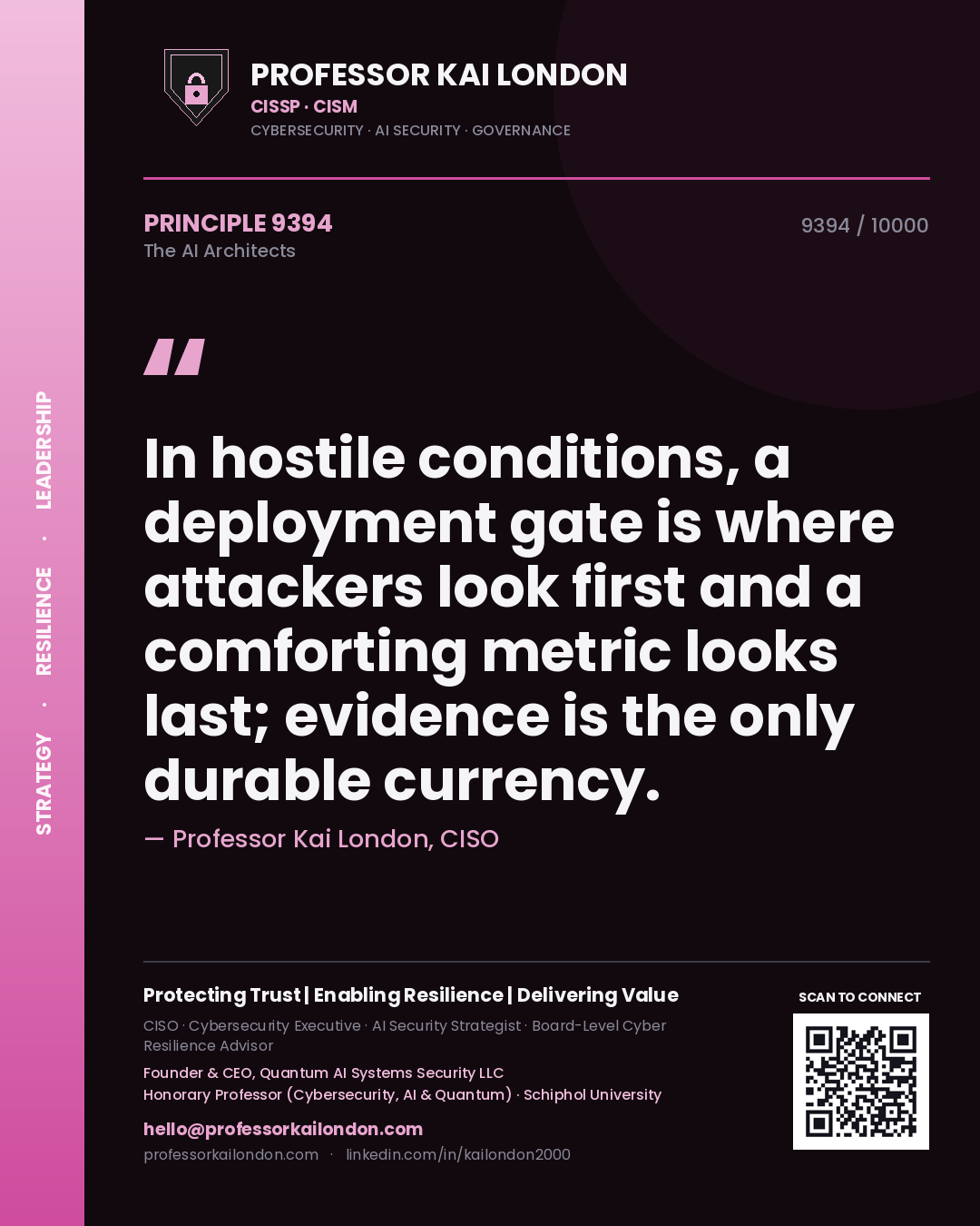 Professor Kai London principle 9394: In hostile conditions, a deployment gate is where attackers look first and a comforting metric looks last; evidence is the only durable currency.