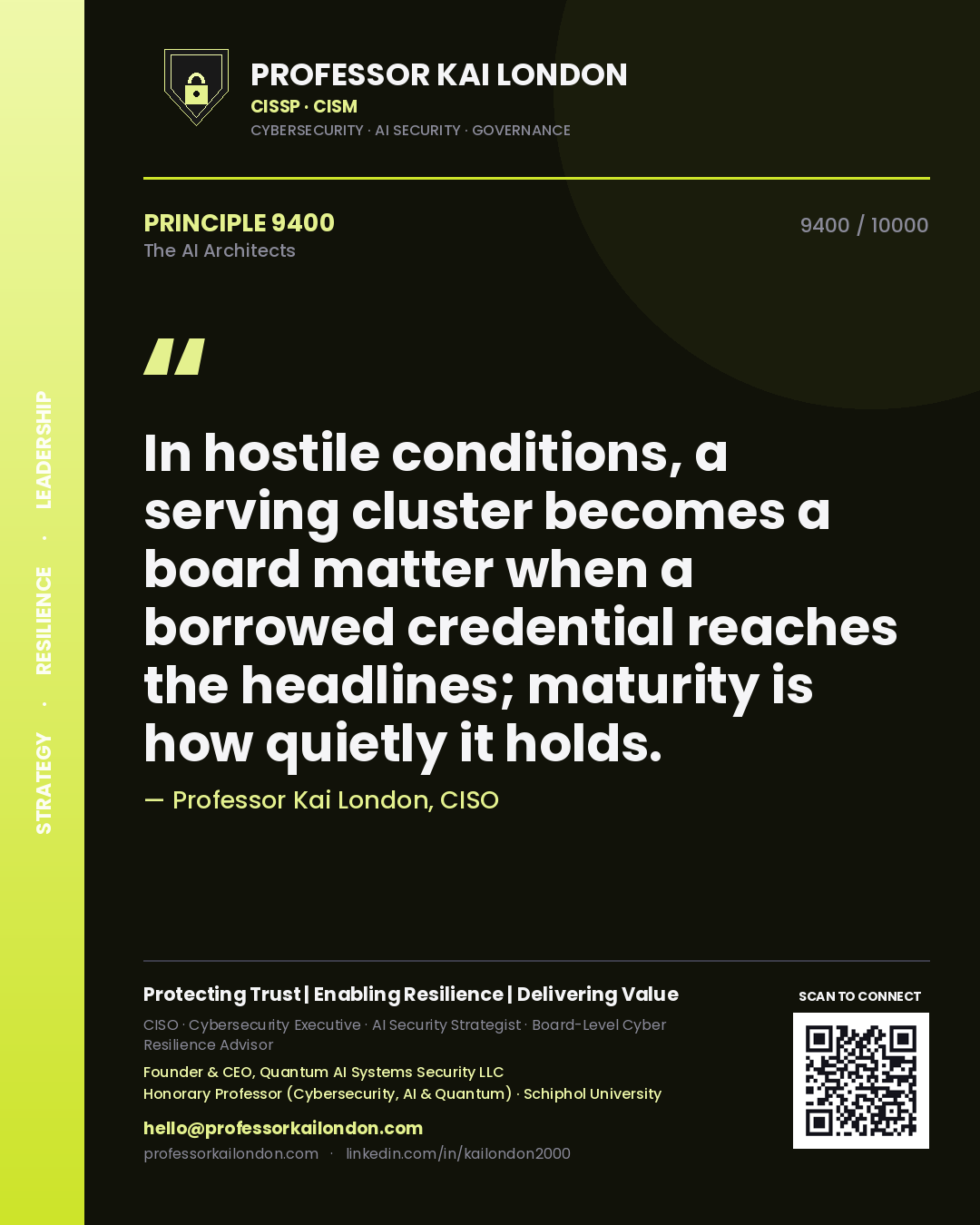Professor Kai London principle 9400: In hostile conditions, a serving cluster becomes a board matter when a borrowed credential reaches the headlines; maturity is how quietly it holds.