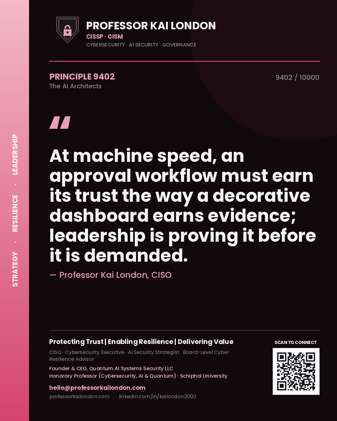Professor Kai London principle 9402: At machine speed, an approval workflow must earn its trust the way a decorative dashboard earns evidence; leadership is proving it before it is demanded.