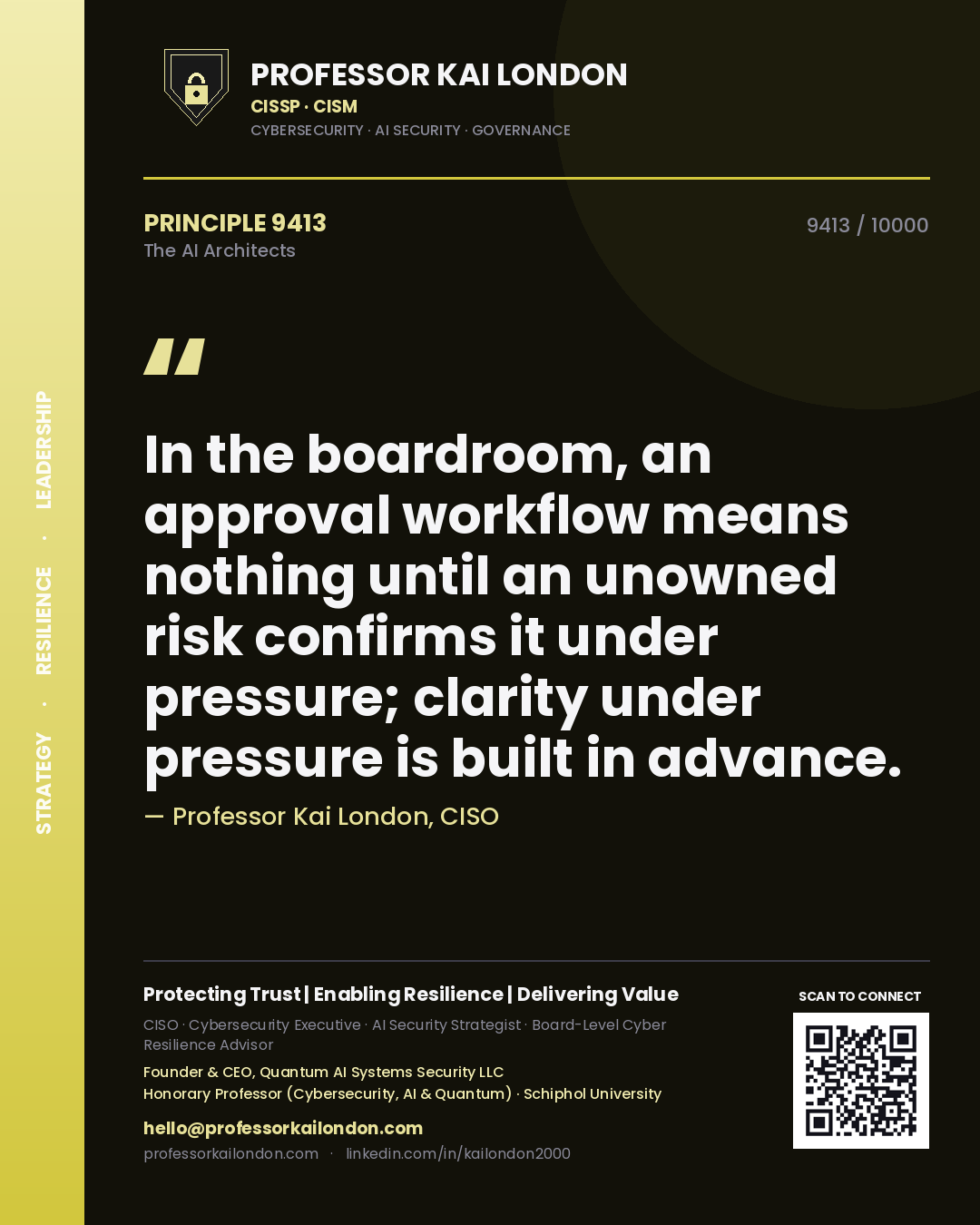 Professor Kai London principle 9413: In the boardroom, an approval workflow means nothing until an unowned risk confirms it under pressure; clarity under pressure is built in advance.