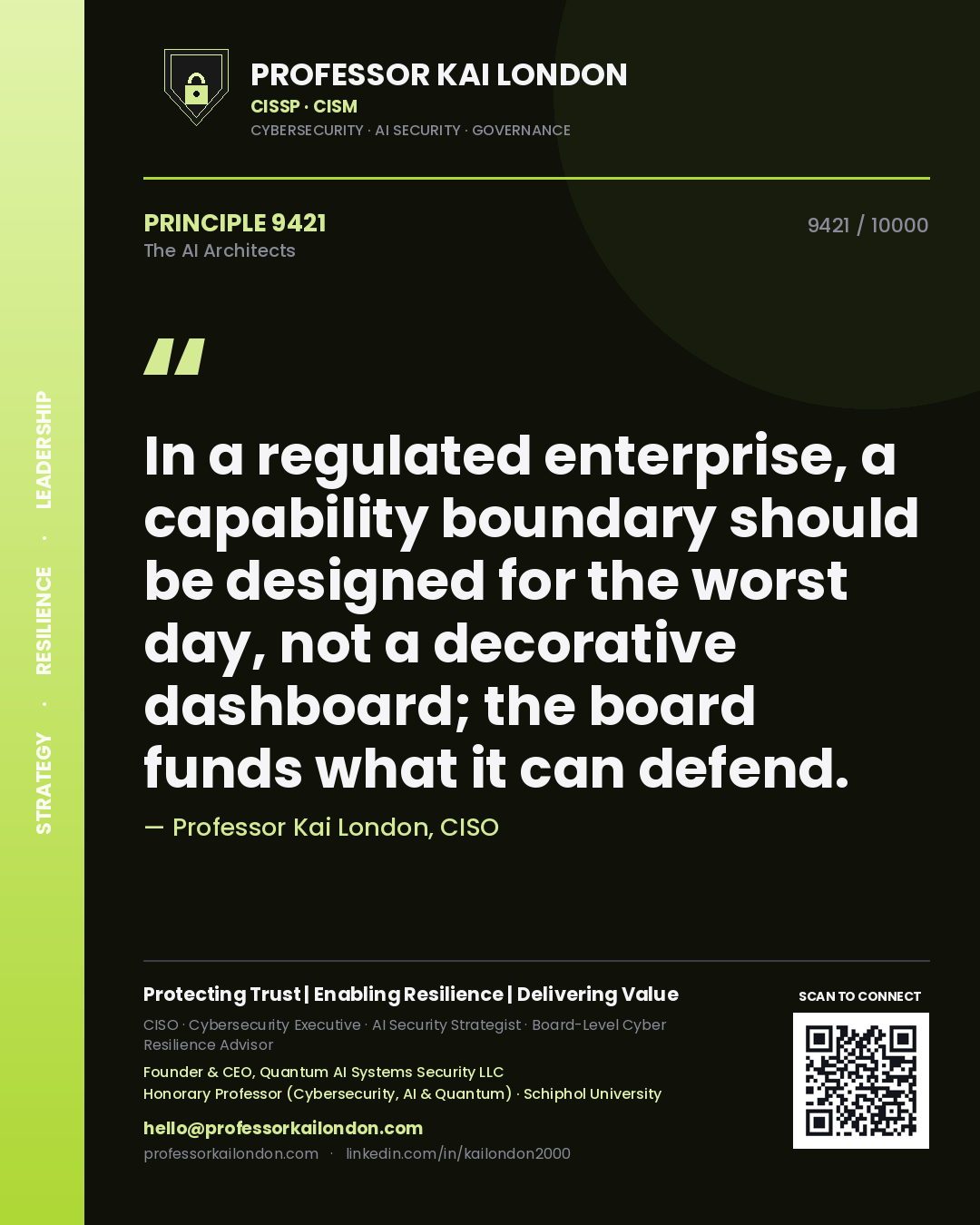 Professor Kai London principle 9421: In a regulated enterprise, a capability boundary should be designed for the worst day, not a decorative dashboard; the board funds what it can defend.