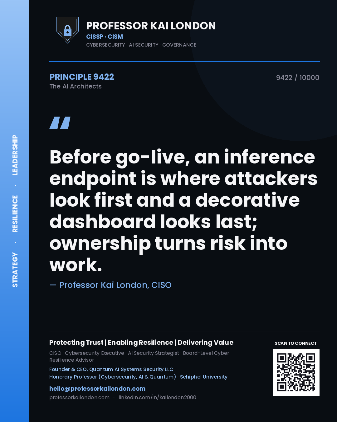 Professor Kai London principle 9422: Before go-live, an inference endpoint is where attackers look first and a decorative dashboard looks last; ownership turns risk into work.